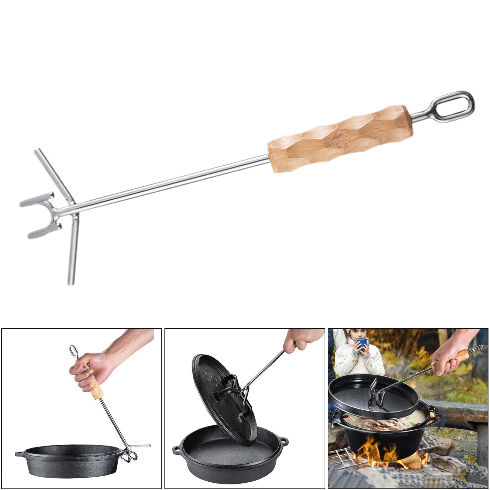 Dutch Oven Lid Lifter Wooden Handle Lifting Carrying Dutch Ovens 14inch