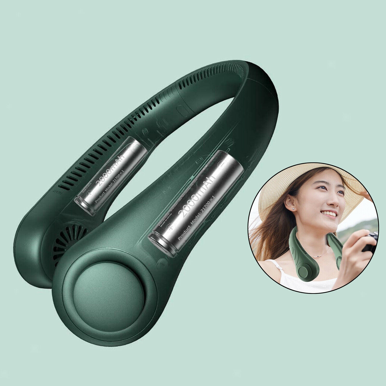 3 Speeds Neck Fan Gym Lazy Personal Fan Leafless USB Birthday Gift Green