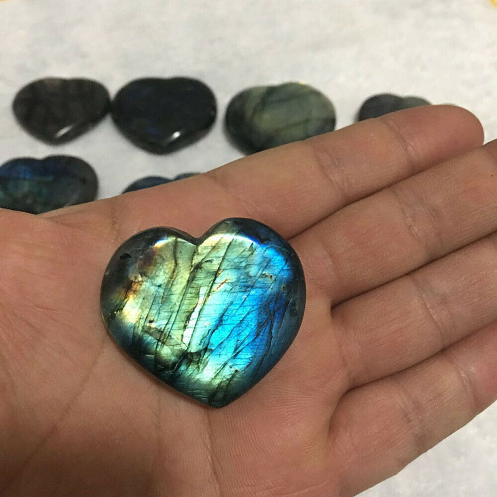 100% Natural Rainbow Labradorite Heart Quartz Crystal Carved Reiki Healing New
