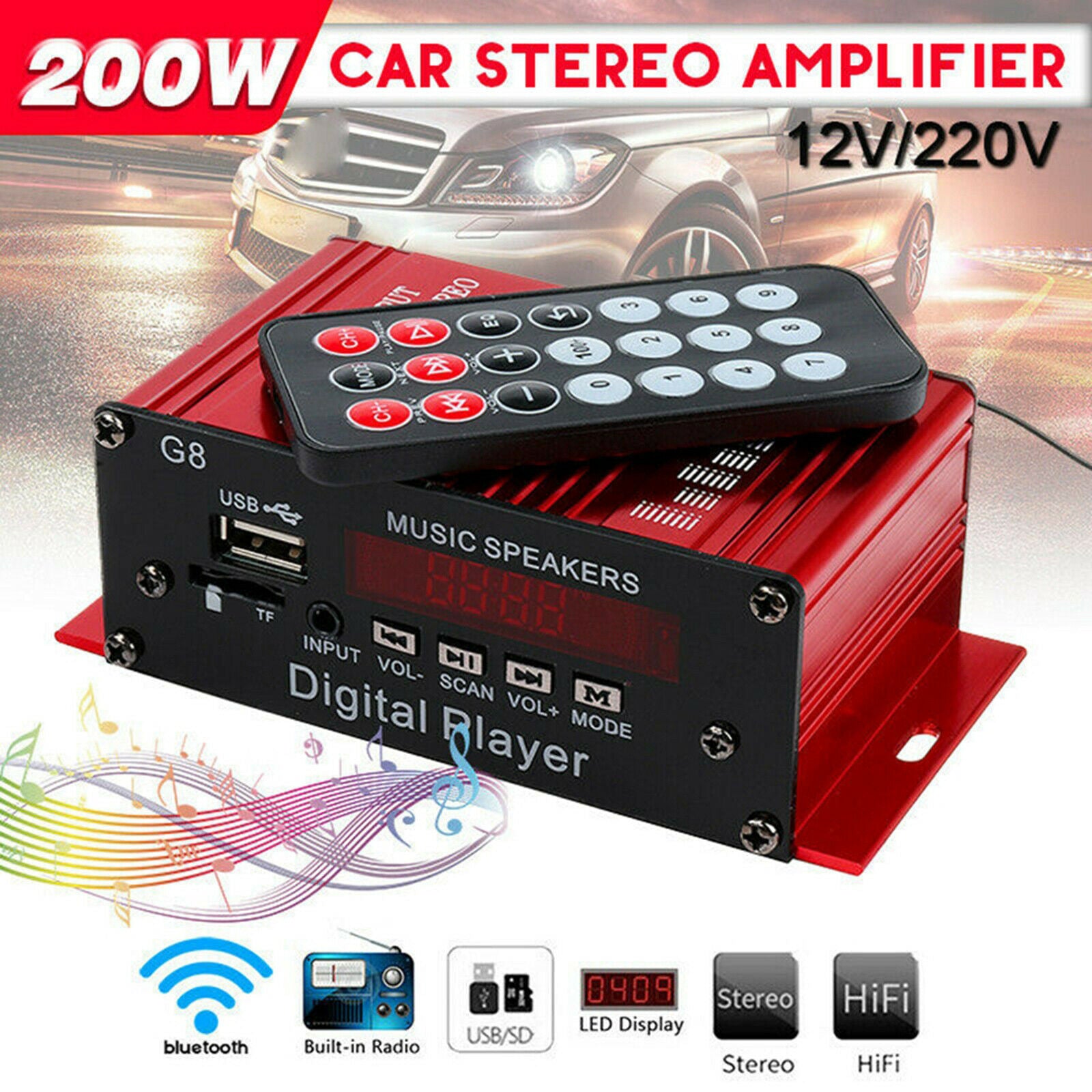 Bluetooth Audio 2 Channel Amplifier Receiver Hi-Fi with Remote Control