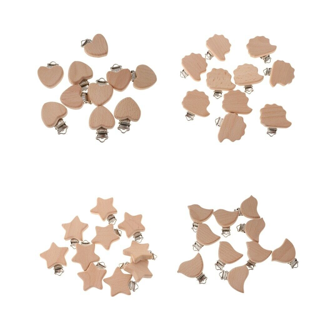 10pcs Beech Wooden Baby Pacifier Soother Holders Heart-Shaped Dummy Clasps