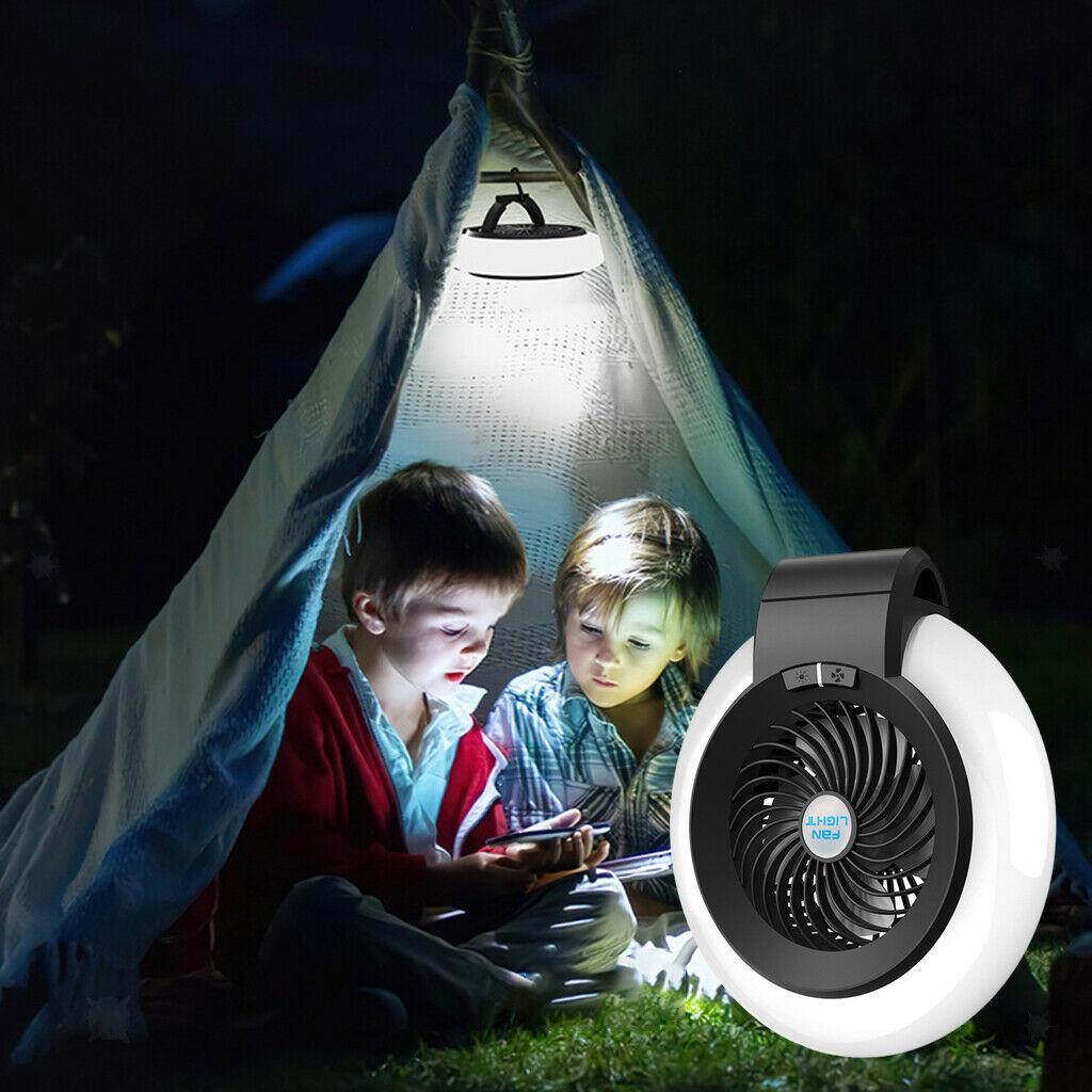 Tent Fan with Light Car Camping Lantern RV 19x5cm 2-Speed Cooler LED Lights