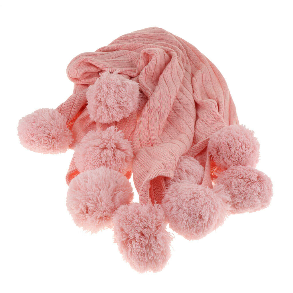 100% Cotton Sofa Throw Blanket with Ball Tassels Couch or Bed Throws Pink