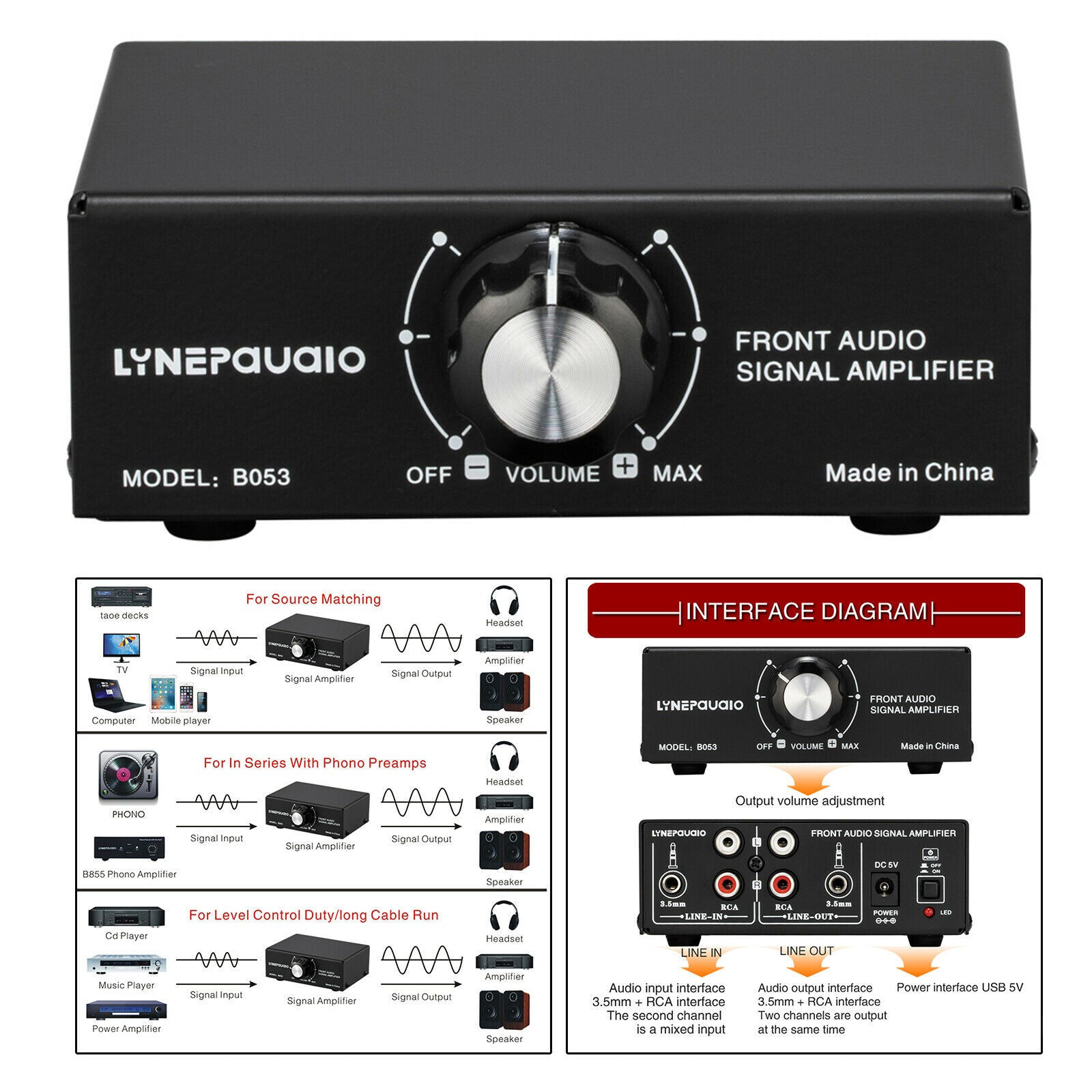 Portable Stereo Sound Amplifier Headphone Amplifier Booster 3.5mm Output