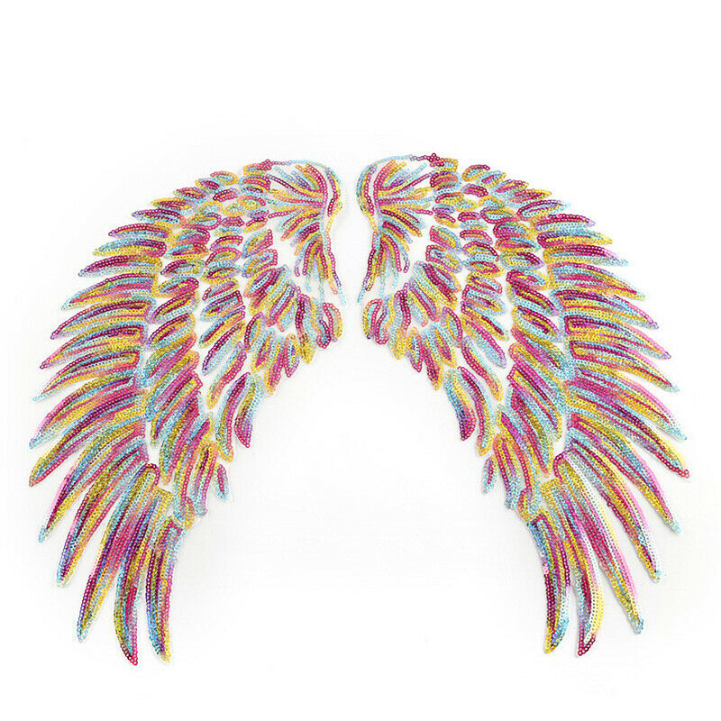 1 Pair Rainbow Feather Wing Sequin Iron On Patches Badges DIY Clothes Appliques