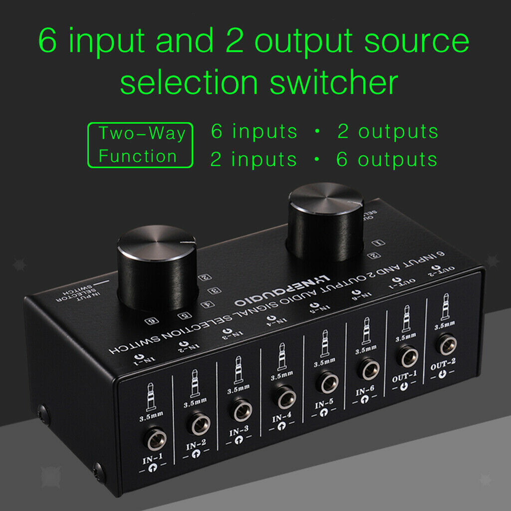 1PCS 2 Port Input 6 Output Video Audio AV 3.5mm Switch Switcher Selector Box