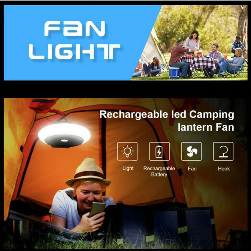 Tent Fan with Light Car Camping Lantern RV 19x5cm 2-Speed Cooler LED Lights