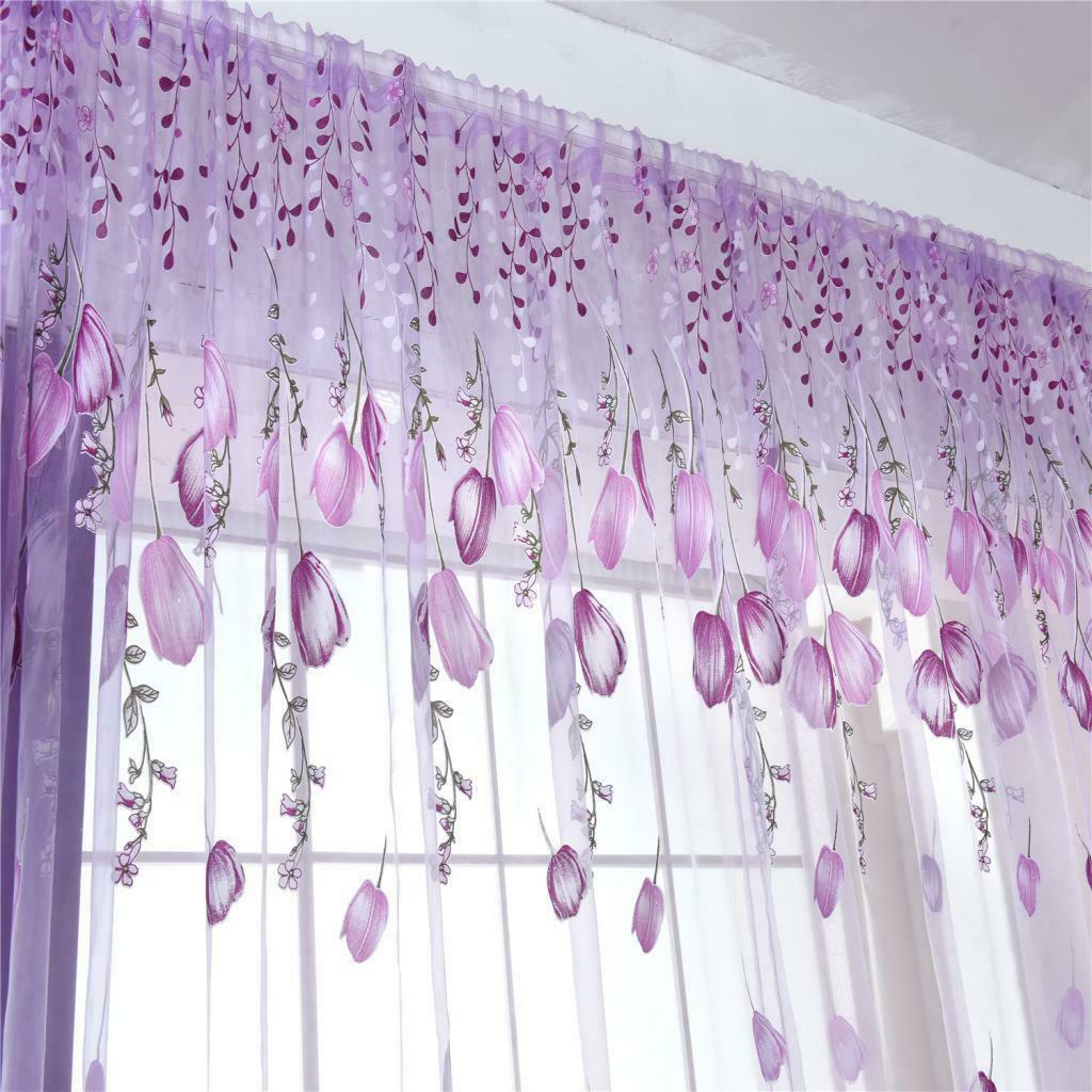 100*200cm Window Voile Curtain Panel Sheer Tulle Drape Tullip Flower Purple