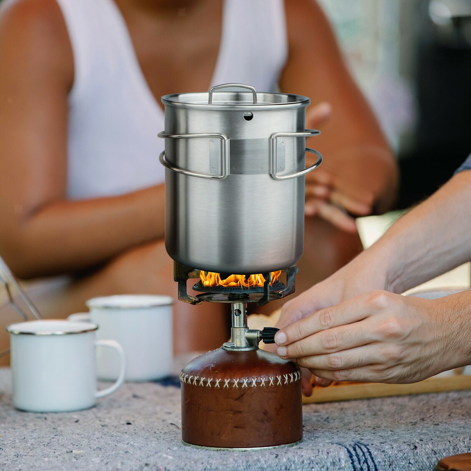 Outdoor Pot Camping Stainless Steel Bottle 750ml Bowl Cooking Tea Traveling