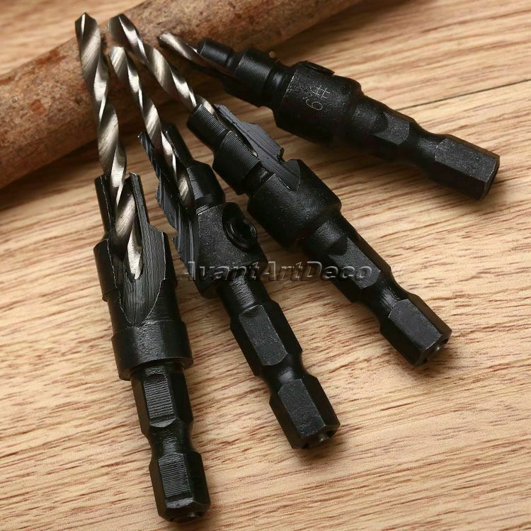 #6 #8 #10 #12 High Speed Steel Wood Countersink Drill Bits 1/4" Hex Shank 4pcs