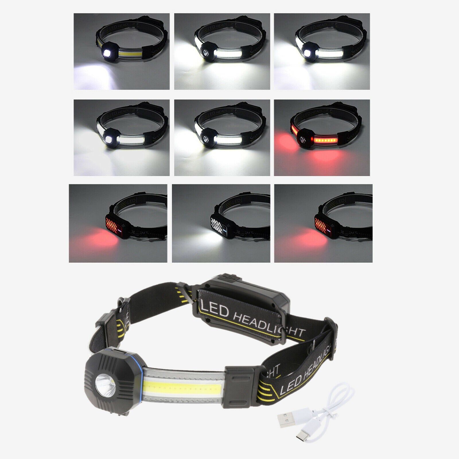 7 Mode USB Rechargeable Headlamp COB LED Head Light Torch Outdoor Flashlight