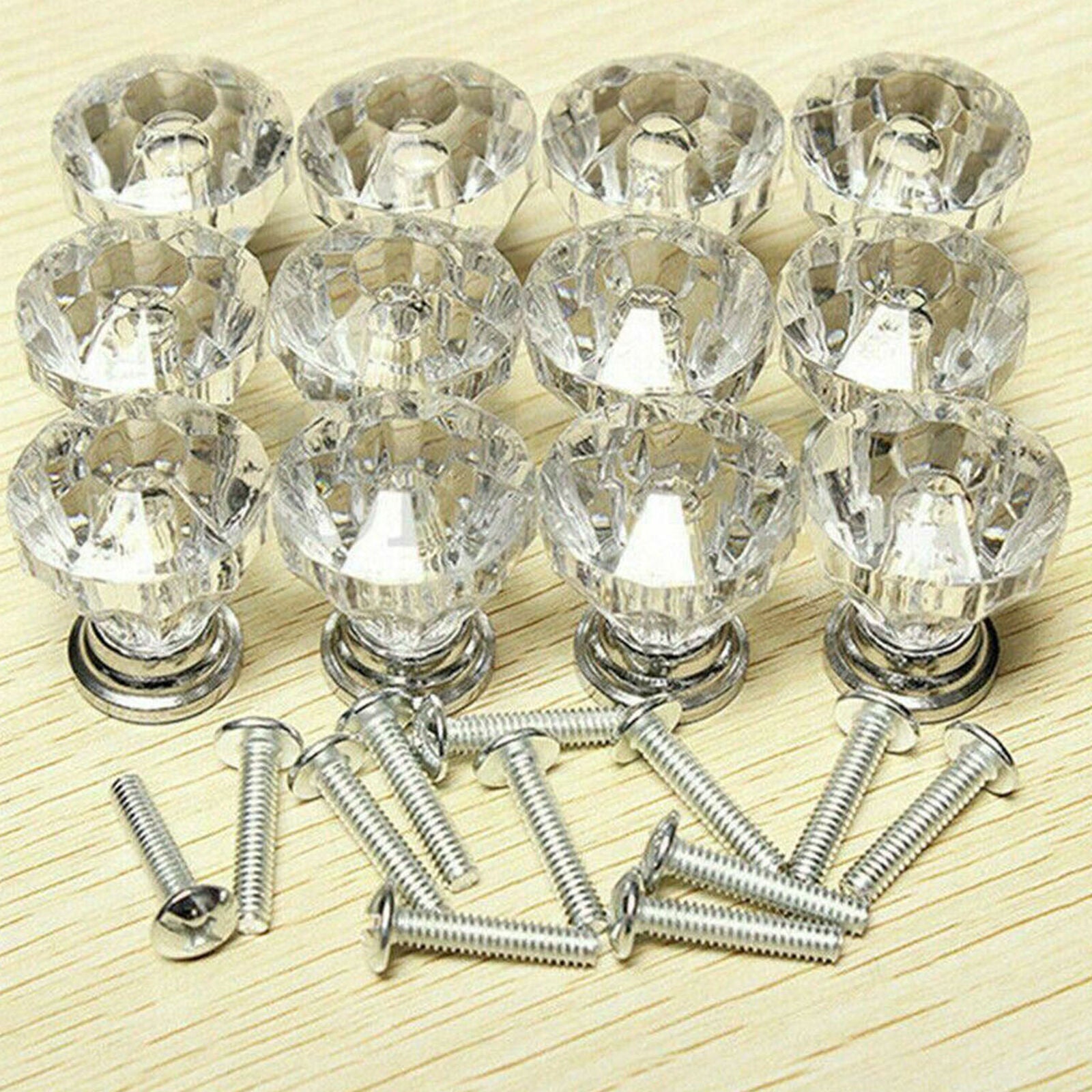 12Pcs Crystal Glass Cabinet Knob Diamond Shape 30mm Drawer Cupboard Handle Pull