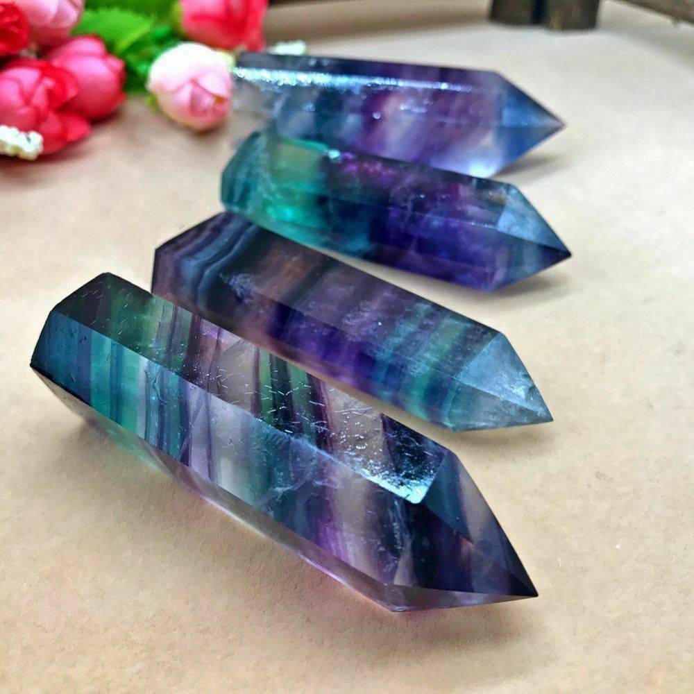 100% Colorful Natural Fluorite Quartz Crystal Stone Point Healing Hexagonal Wand