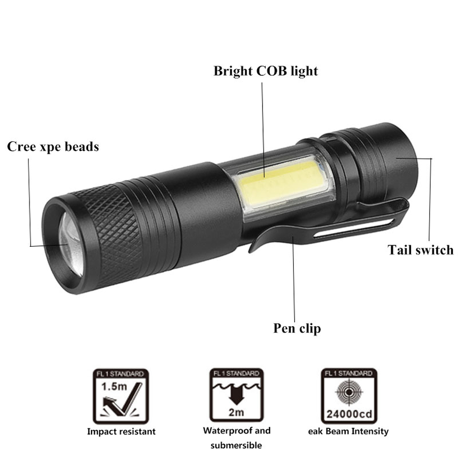 Mini Flashlight 2000 Lumen Q5 LED+COB LED Torch Lamp Penlight AA/14500 New