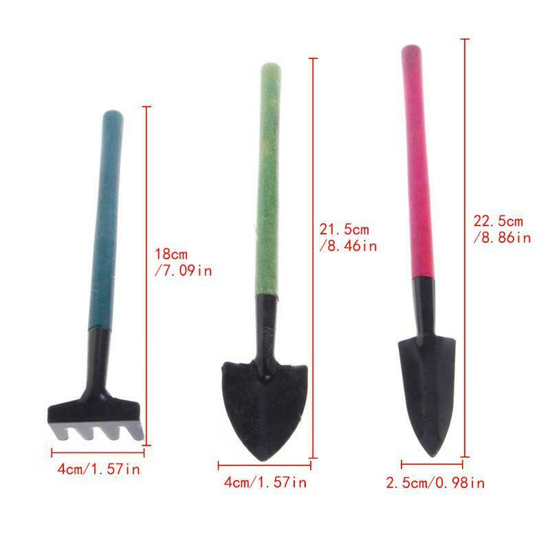 3Pcs Mini Garden Gardening Plant Tools Set with Wooden Handle Shovel Spade Rake