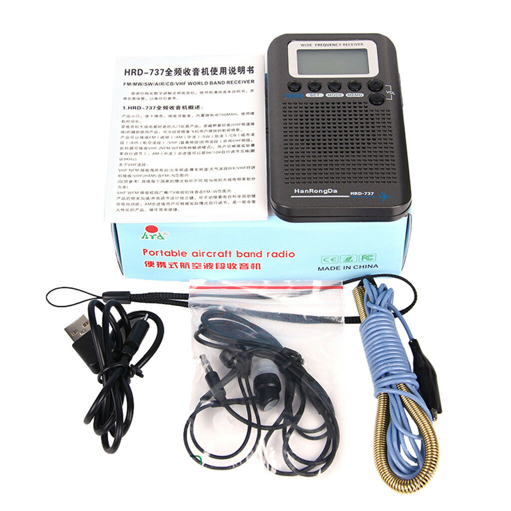 Aircraft band radio receiver VHF Portable full band radio recorder Black