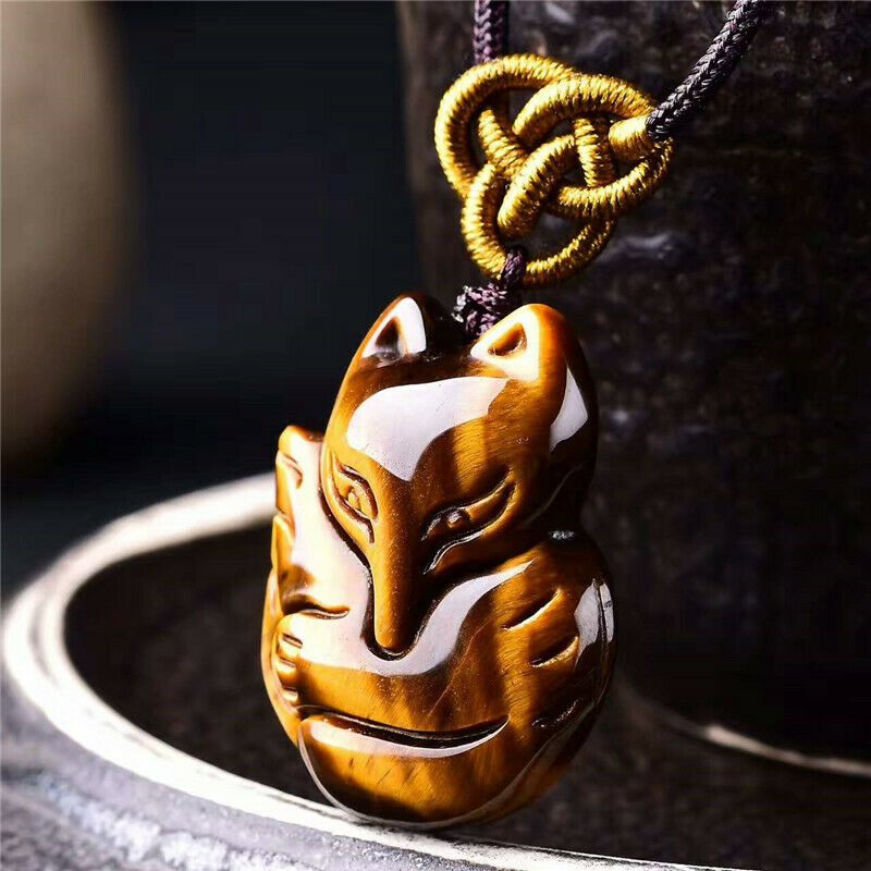 100% natural A cargo tiger eye stone carving nine tail fox jade pendant AAA