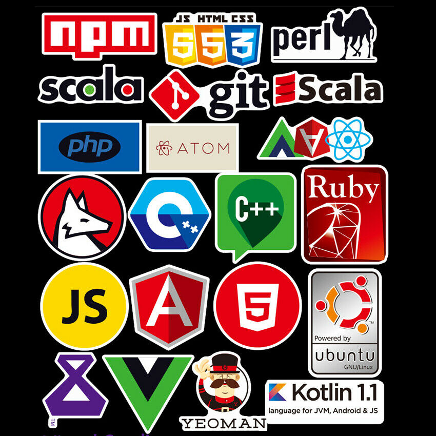 72x Developer, Programmer Stickers of Programming Languages and Internet Brands