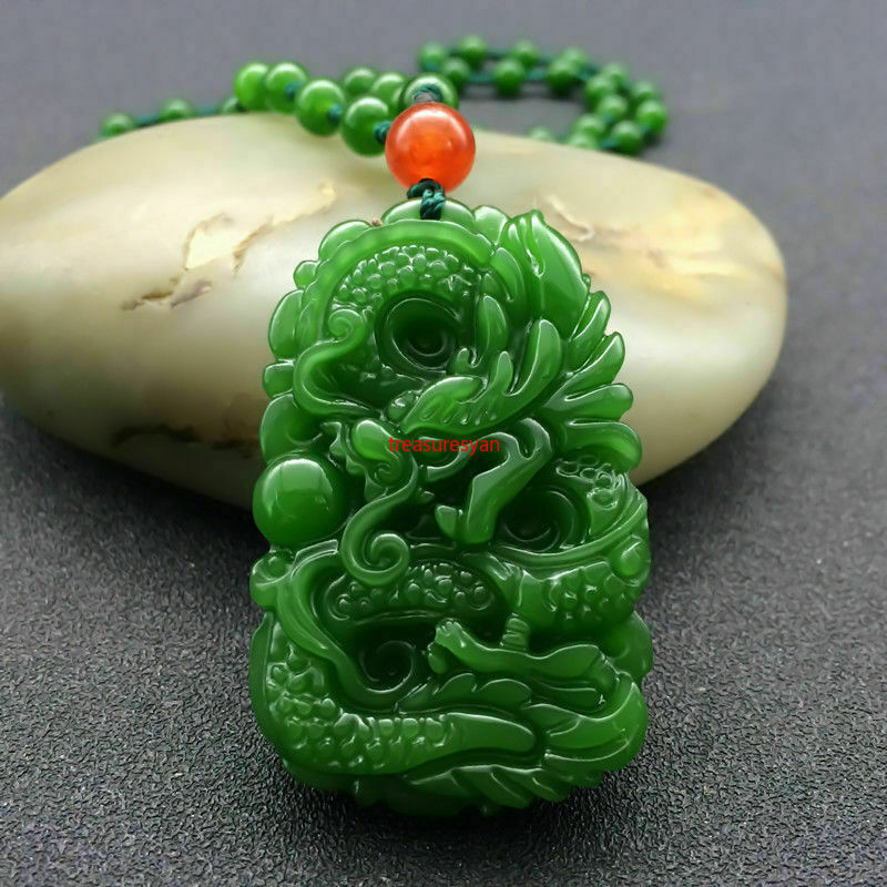 100%Natural Green Hand-carved Chinese Hetian Jade Pendant - Dragon-Free Necklace