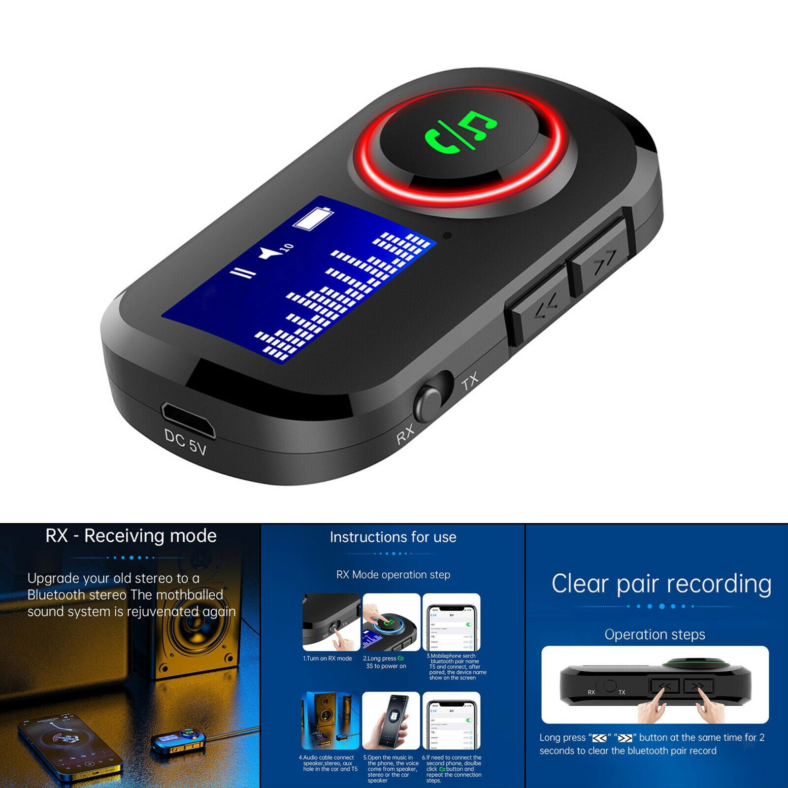 Bluetooth 5.0 Transmitter and Receiver Digital Audio Adapter Built-in Mic