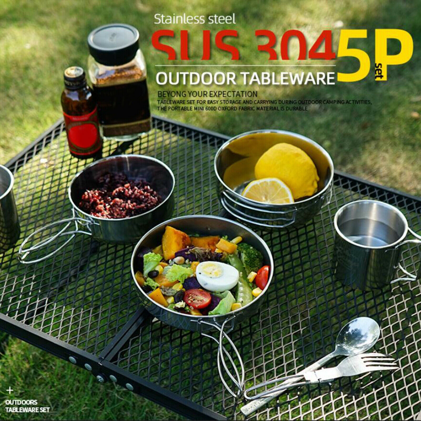 5Pcs Portable Outdoor Camping Stainless Steel Cooking Bowl Pan Cookware Set
