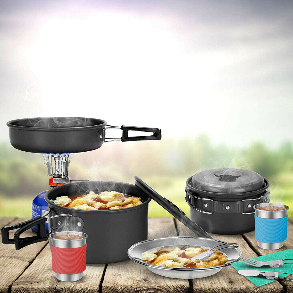 Hiking Camping Cookware Mess Set Outdoor Pan Plates Hiking Picnic Cooker