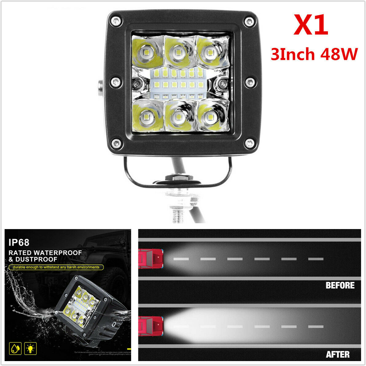 -XN3Inch 48W LED Car Off-Road Bumper Reverse Lamp Combo LDE Work Light 9600LM