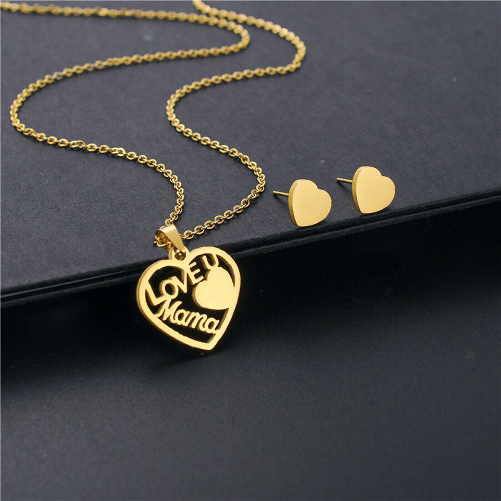 Love Mom Pendant with 2 Ear Stud Earrings Christmas Birthday Jewelry Gifts