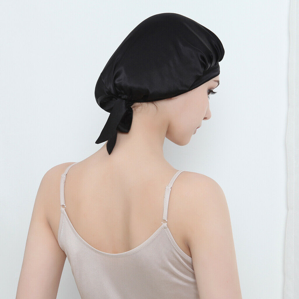 100% Pure Silk Sleep Hats Wrap Night Hair Care Bonnet Women Hat Black