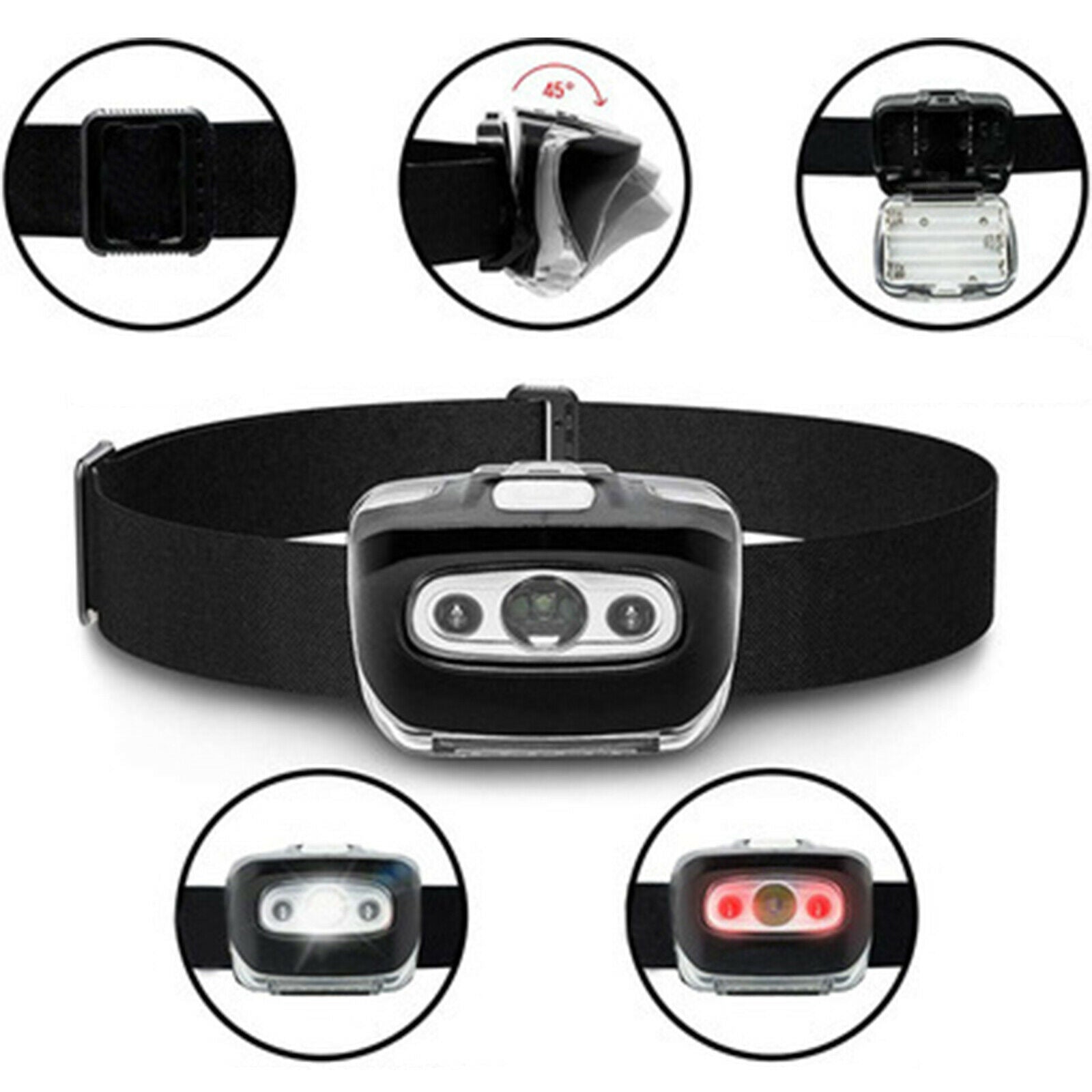 Removable LED Headlamp Handsfree Head Torch for Running Hiking Cycling