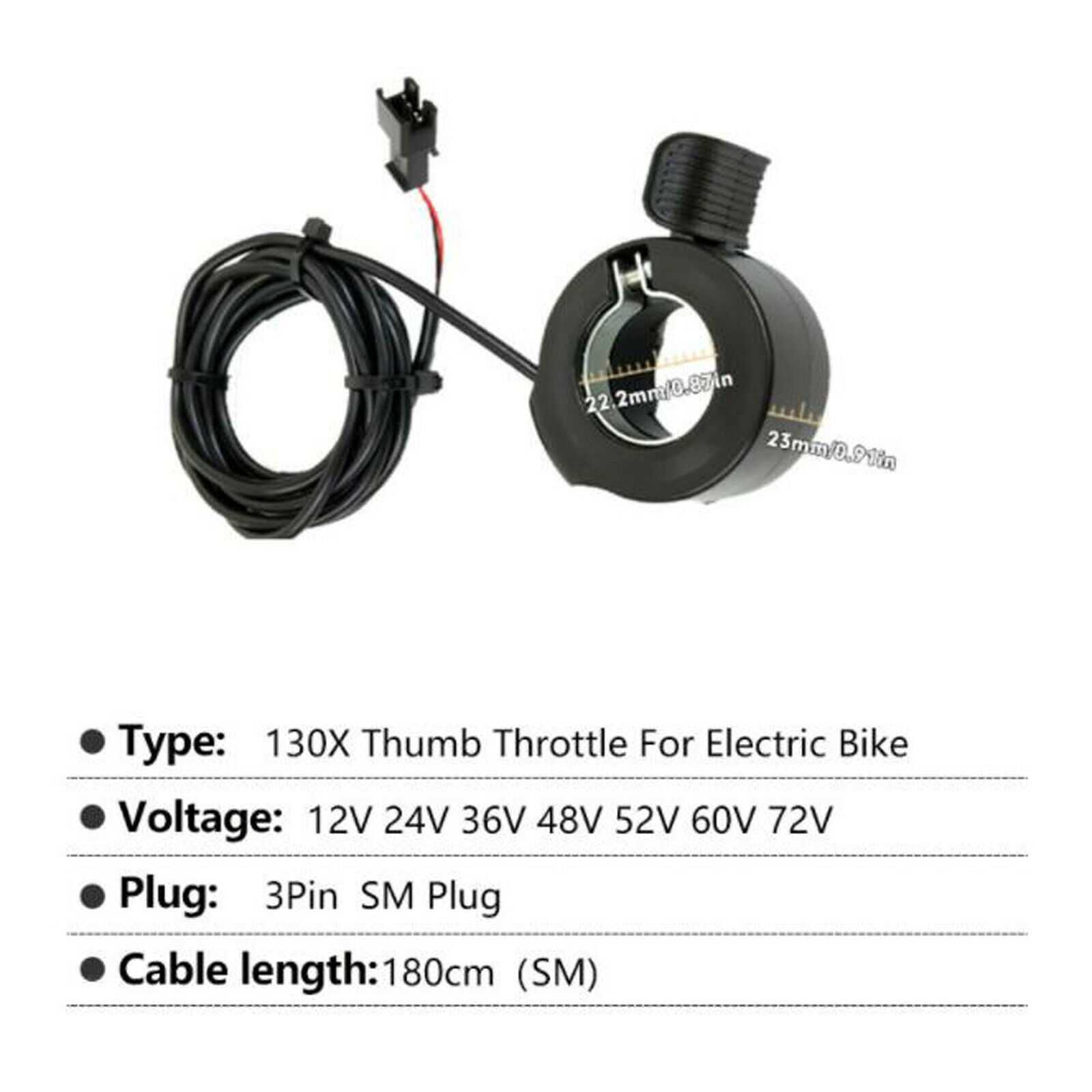 Electric Bicycle Accessories 130X 3Pins Thumb Throttle 12-72V SM/Waterproof Plug