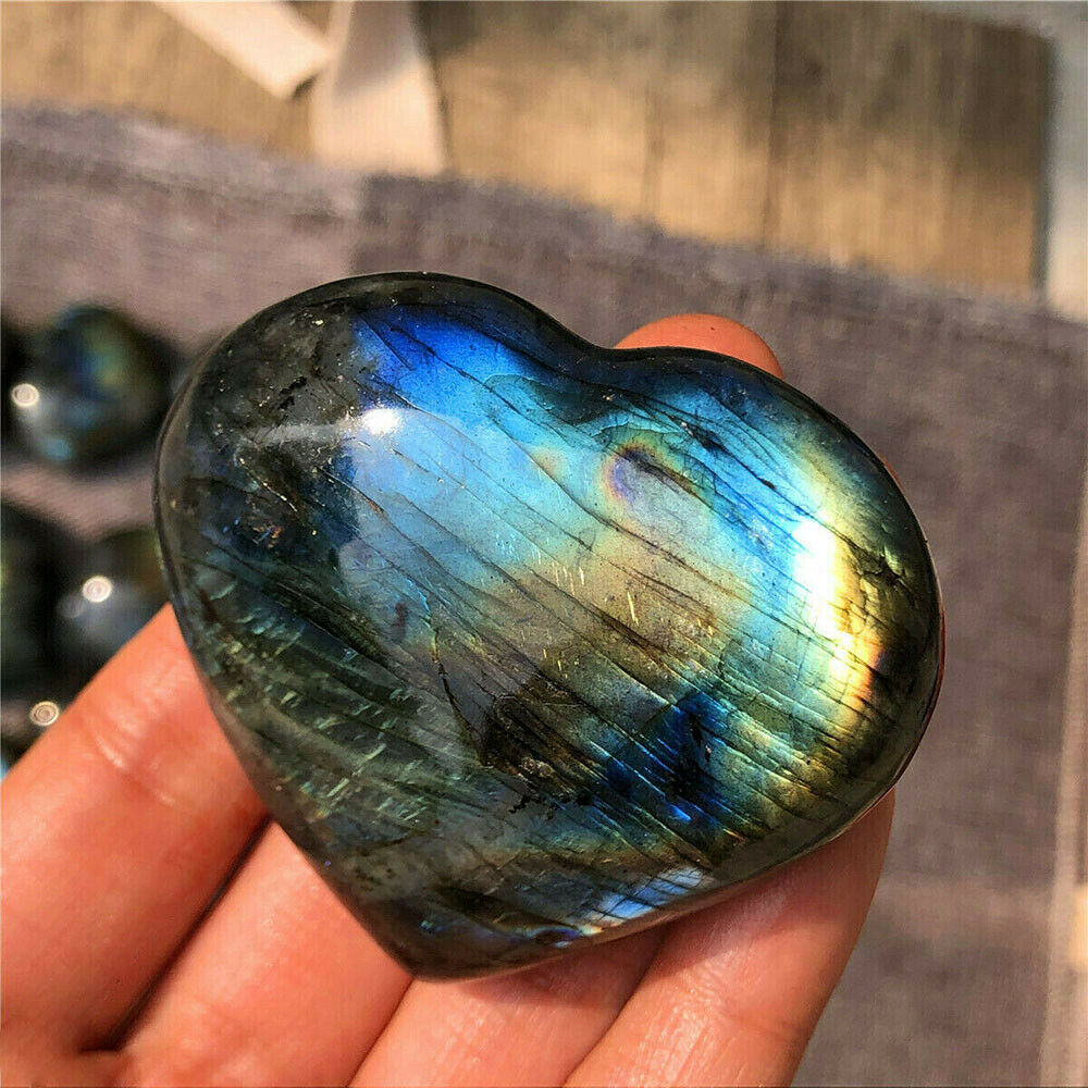 100% Natural Rainbow Labradorite Heart Quartz Crystal Carved Reiki Healing New