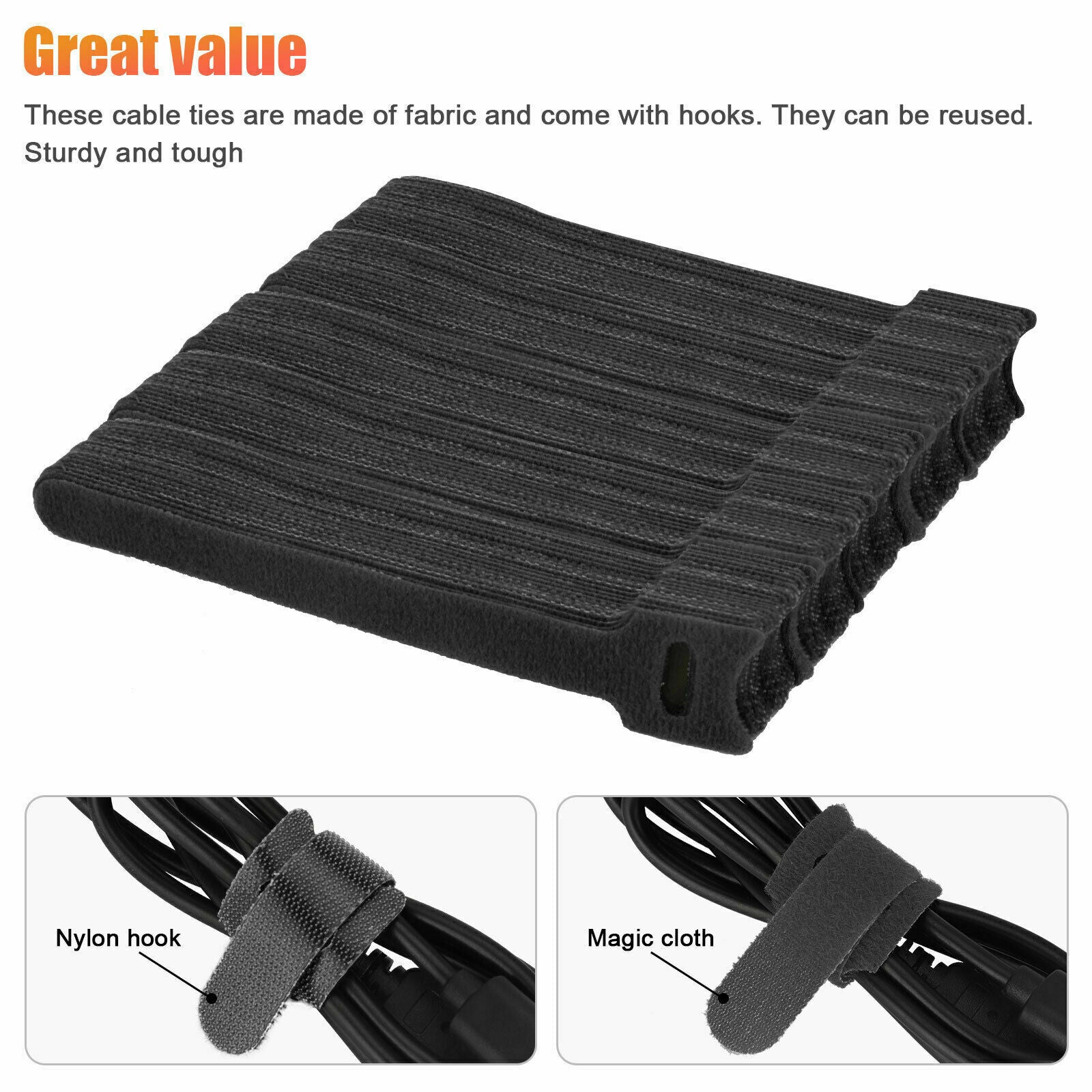 100 X Cable Straps Black Wire Cord Hook Loop Ties Reusable Fastening Organizer