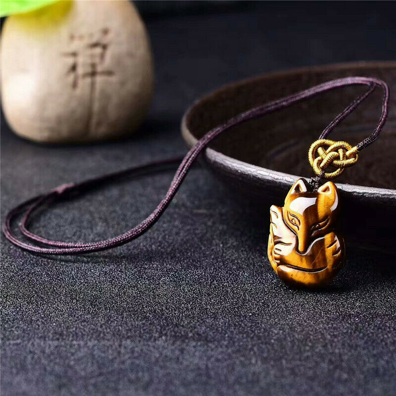 100% natural A cargo tiger eye stone carving nine tail fox jade pendant AAA