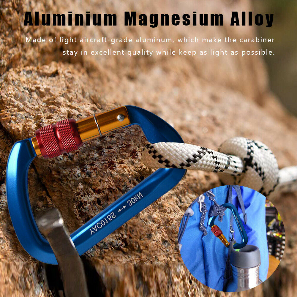 30KN Aluminum Locking Carabiner Clip D-Ring Screw Hook for Outdoor Climbing Rock