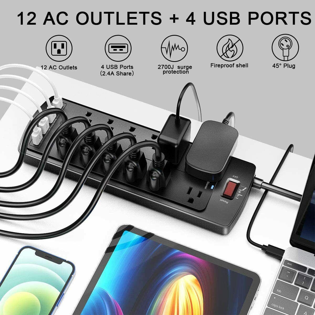 Power Strip , Surge Protector with 12 Outlets and 4 USB Ports, Black