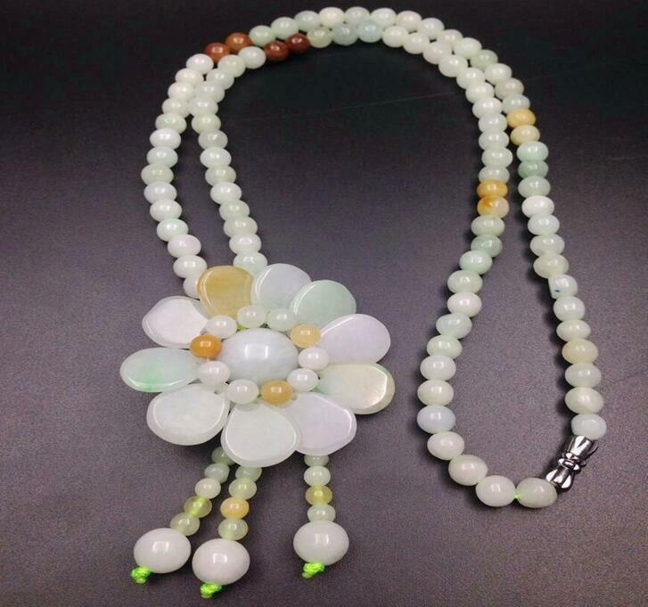 100% Natural A JADE Jadeite Bead Flower Necklace 22" inches AA