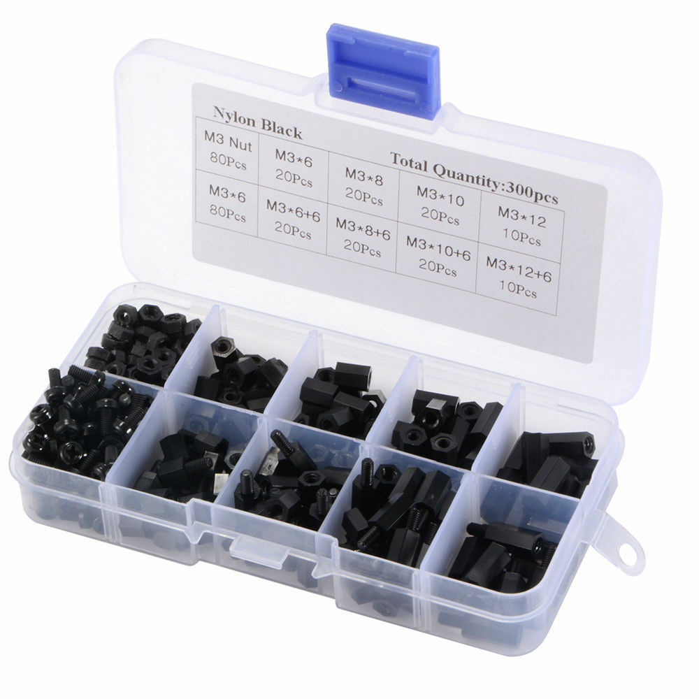 Nut Set Spacer PCB Standoff Assortment M3 Nylon Hex Screw Kit Black 300 x