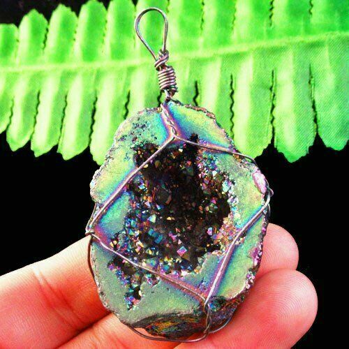 100%-Natural Wrap Rainbow Titanium Crystal Agate Druzy Quartz Geode Pendant Bead