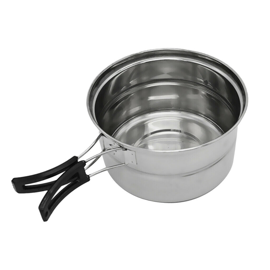 Stainless Steel Camping Cookware Set Soup Pot Pan & Steaming Rack Outdoors