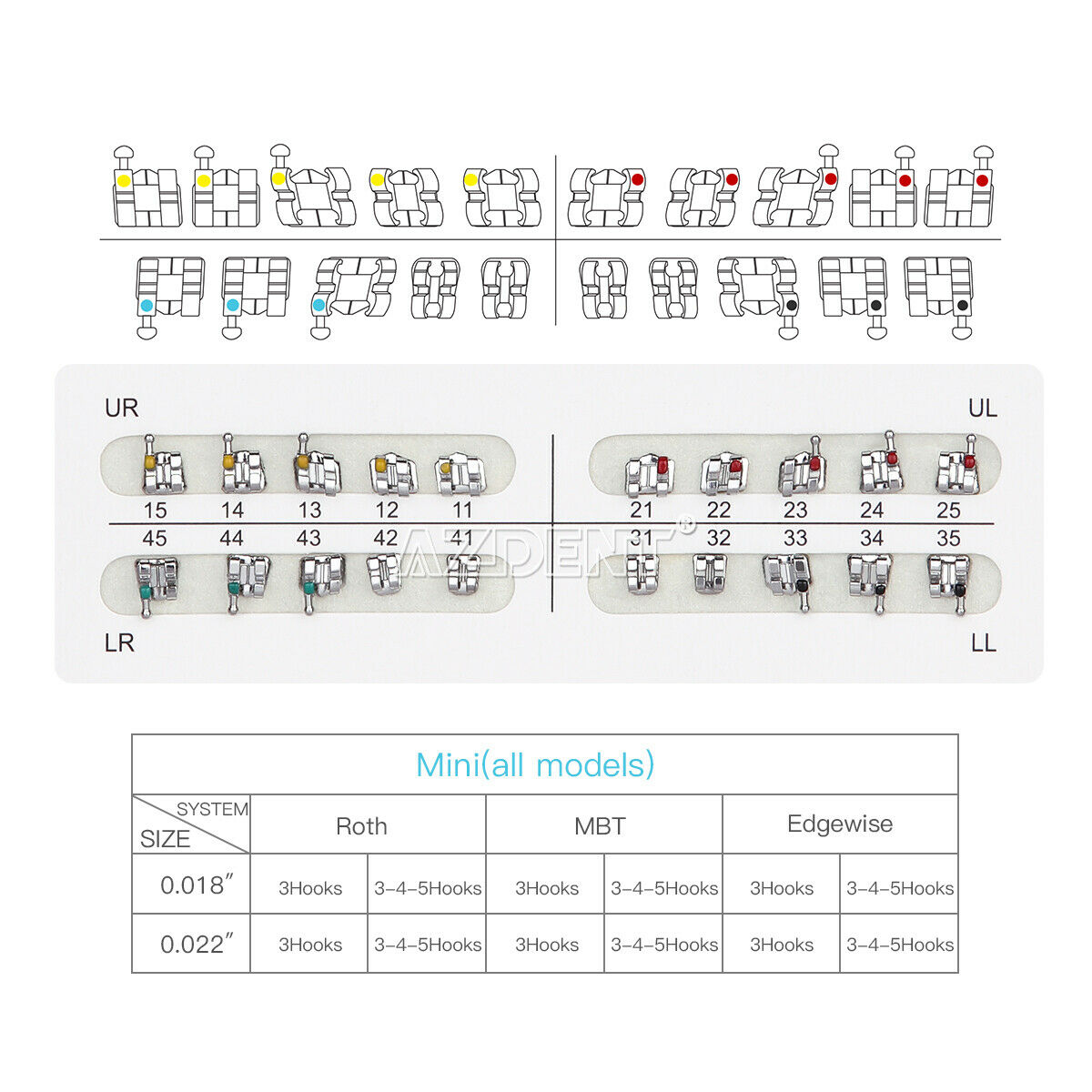 100 X Dental Orthodontic Metal Bracket Mini MBT Slot 022 Hooks 3 4 5 AZDENT