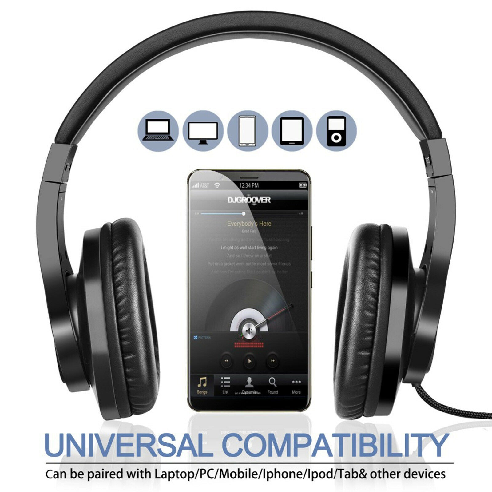 Wired Over Ear 3.5mm Headphones Portable for Recording Tablet Computer Black