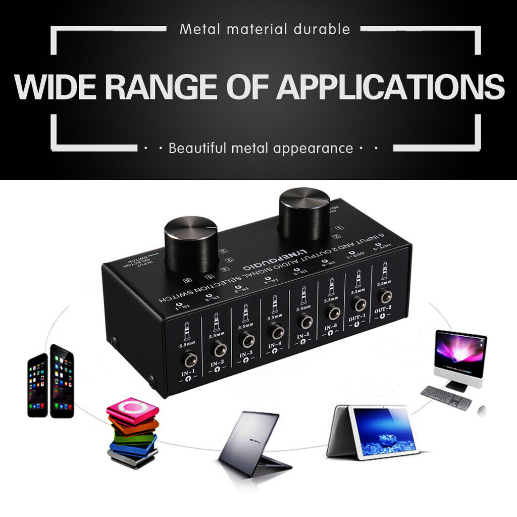 1PCS 2 Port Input 6 Output Video Audio AV 3.5mm Switch Switcher Selector Box