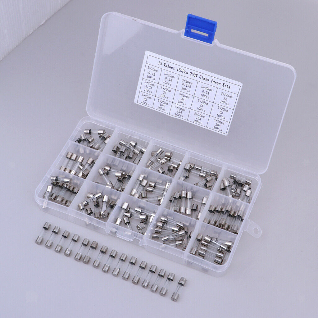 1Set 150Pcs 5x20mm 0.1A-20A Quick Fast Blow Glass Tube Fuse Assorted Kit