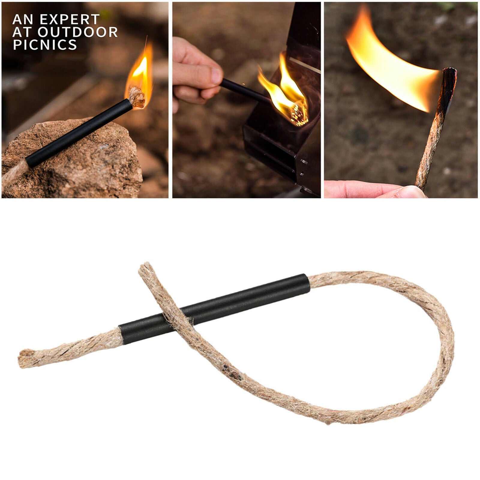 Tinder Wax Wick Cord Fire Starter Accessory with Aluminum Sleeve for Camping
