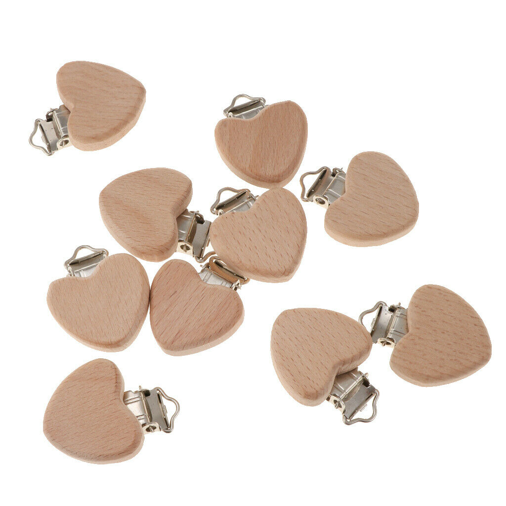 10pcs Beech Wooden Baby Pacifier Soother Holders Heart-Shaped Dummy Clasps