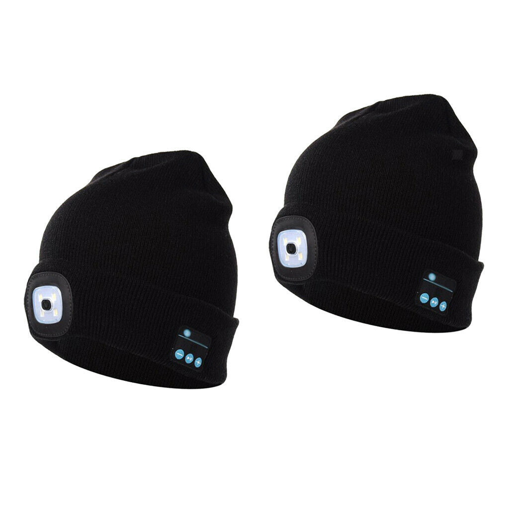 2Pcs Unisex Bluetooth Beanie Hat with Stereo Headset Speaker Mic Black