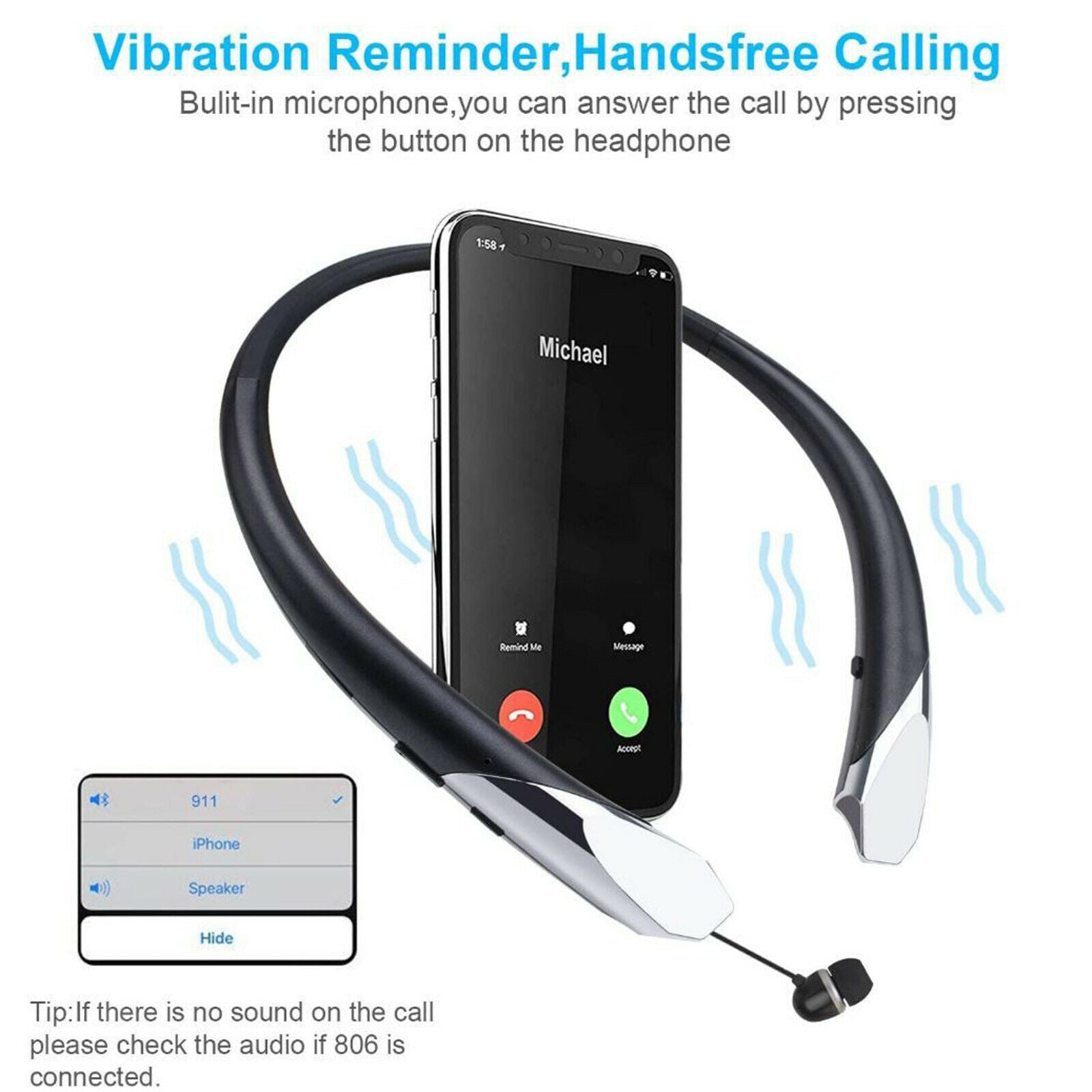 Bluetooth 5.0 Neckband Retractable Earbuds HD Headset Headphones with mic