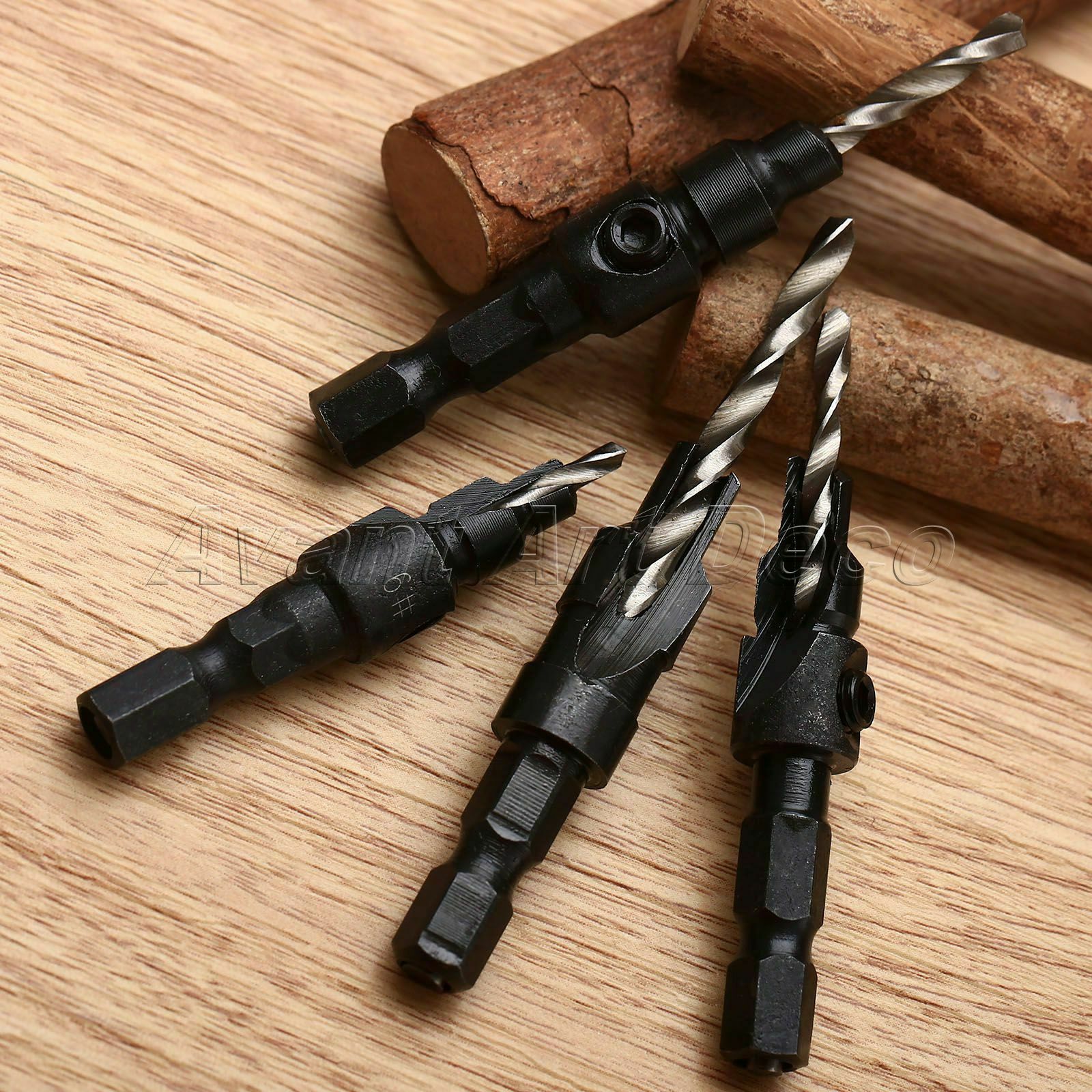 #6 #8 #10 #12 High Speed Steel Wood Countersink Drill Bits 1/4" Hex Shank 4pcs