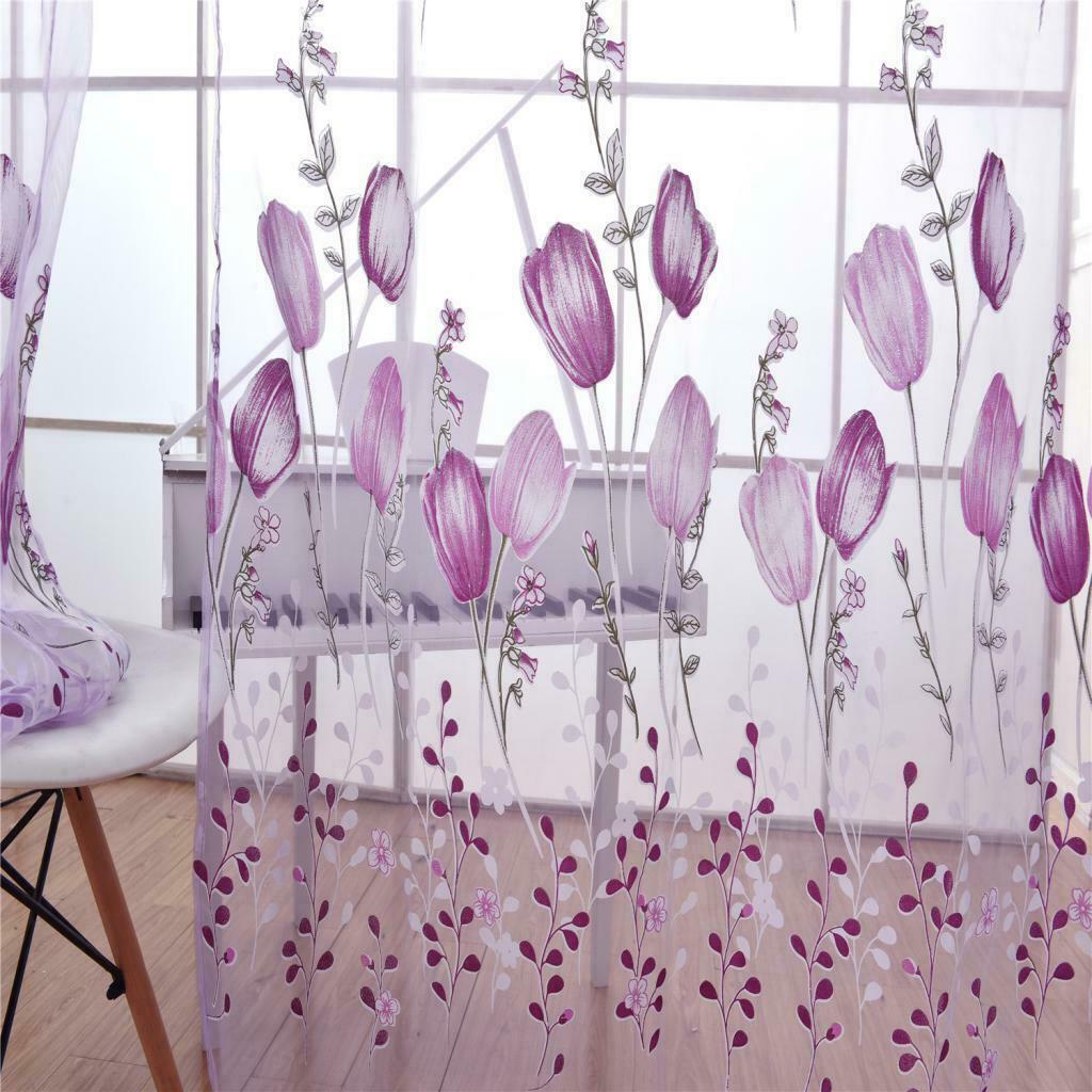 100*200cm Window Voile Curtain Panel Sheer Tulle Drape Tullip Flower Purple
